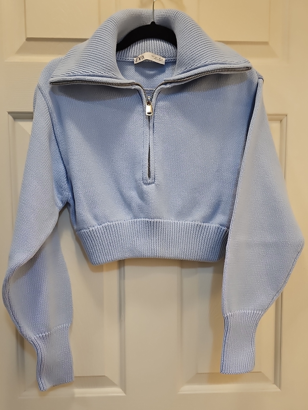 NWOT Zara Size S Powder Blue Cropped Chunky Cotton Zip Turtleneck Sweater
